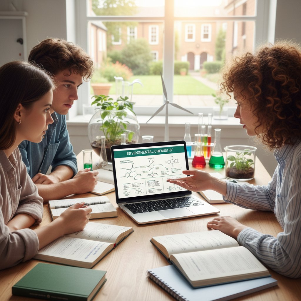 Młodzi ludzie z laptopami uczący się chemii środowiska online