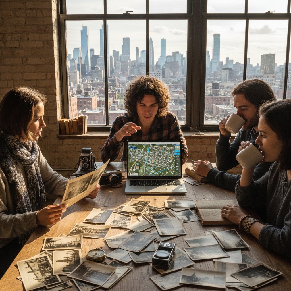 Młodzi ludzie pracujący z laptopami przy stole pełnym starych zdjęć, na ścianie wyświetlona mapa miasta