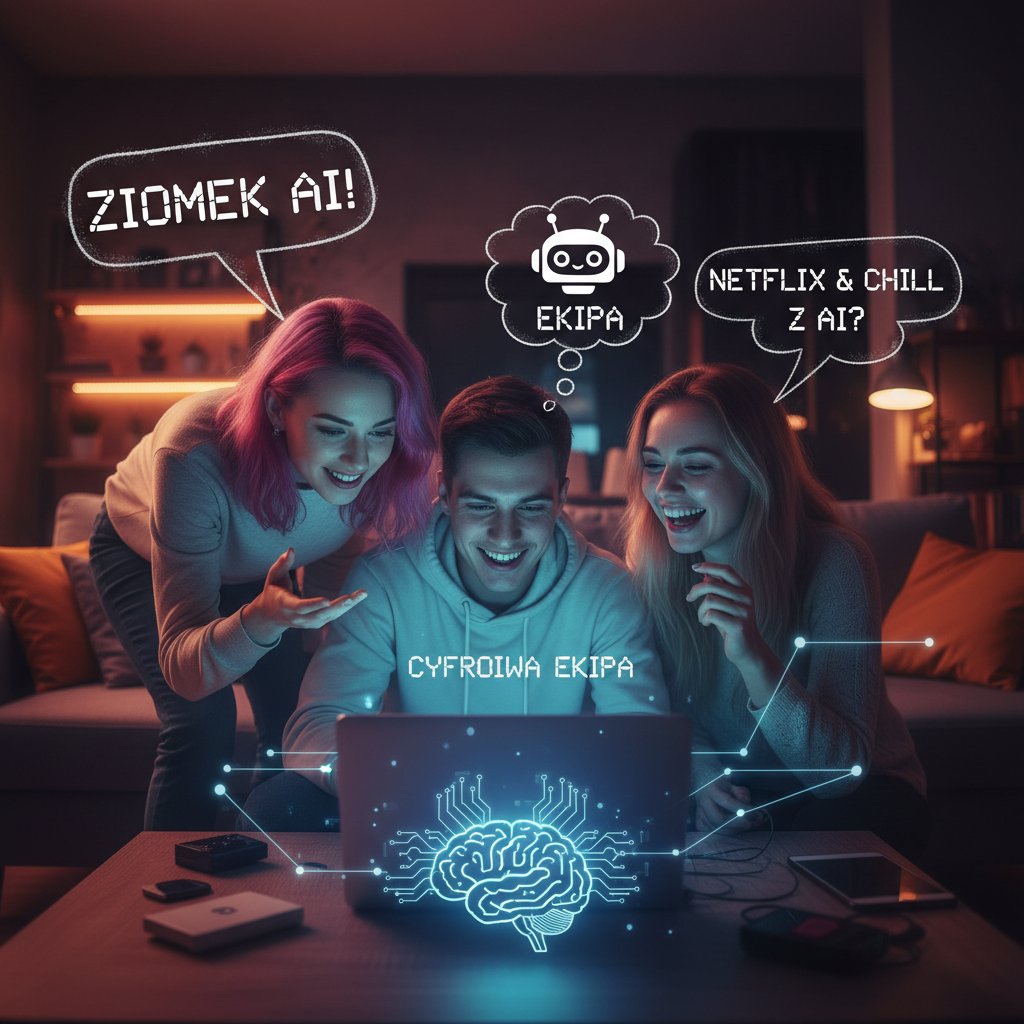 Wspólna rozmowa młodych ludzi przy laptopie, polski slang, AI, cyfrowe przyjaźnie