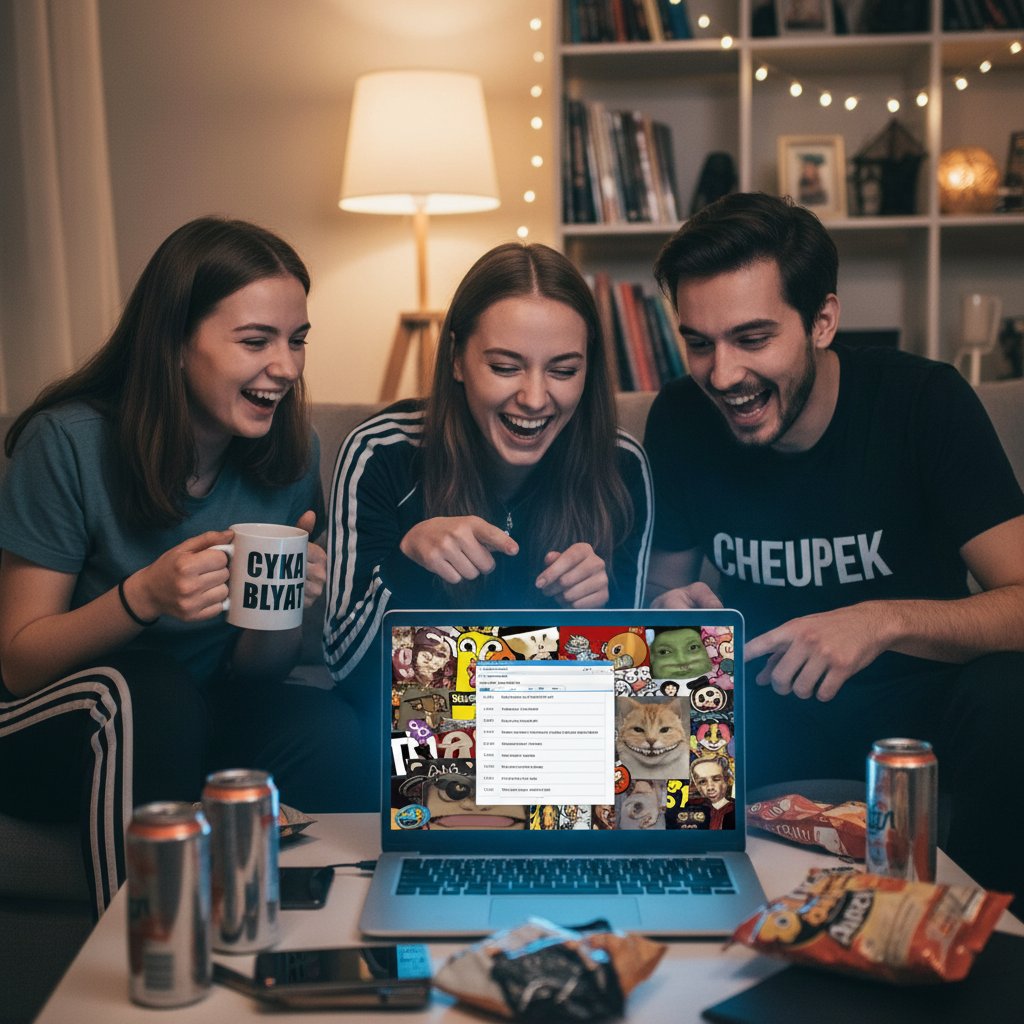 Grupa młodych ludzi śmieje się nad laptopem, przeglądając rosyjskie memy i rozwiązując test online