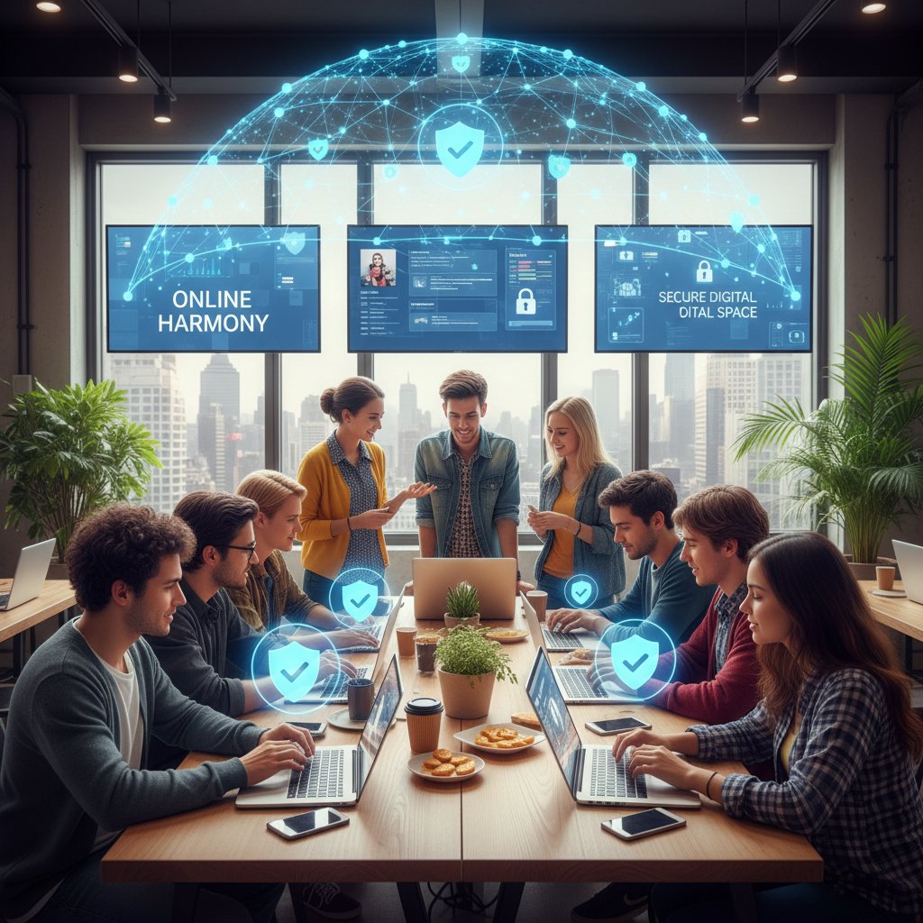 Grupa młodych osób korzystających z laptopów, symbolizująca różnorodność społeczności online i poziomów bezpieczeństwa