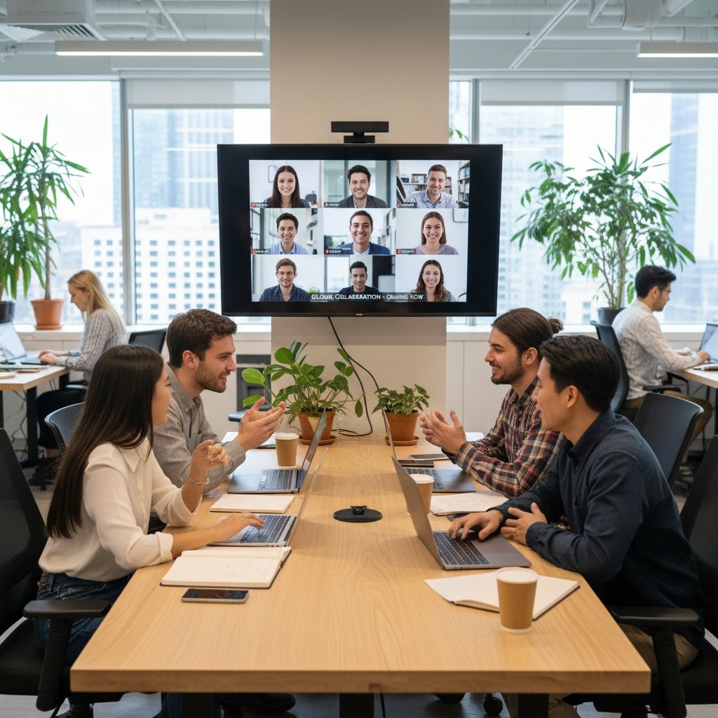 Zdjęcie grupy młodych ludzi, każdy z laptopem, dyskutujących online, tło: nowoczesna sala coworkingowa