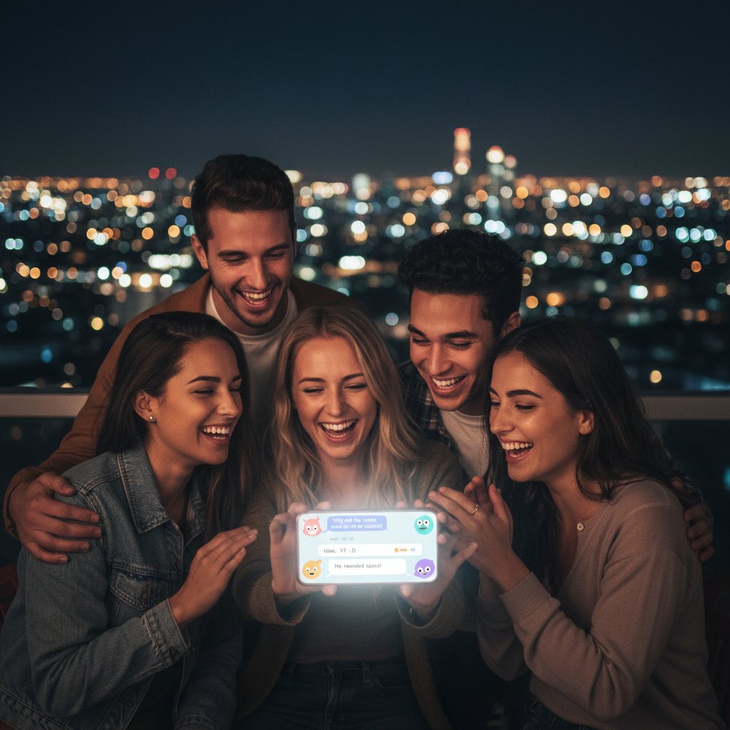 Grupa młodych ludzi śmieje się, rozmawiając z AI, ekran smartfona widoczny w kadrze, w tle wielkomiejskie światła