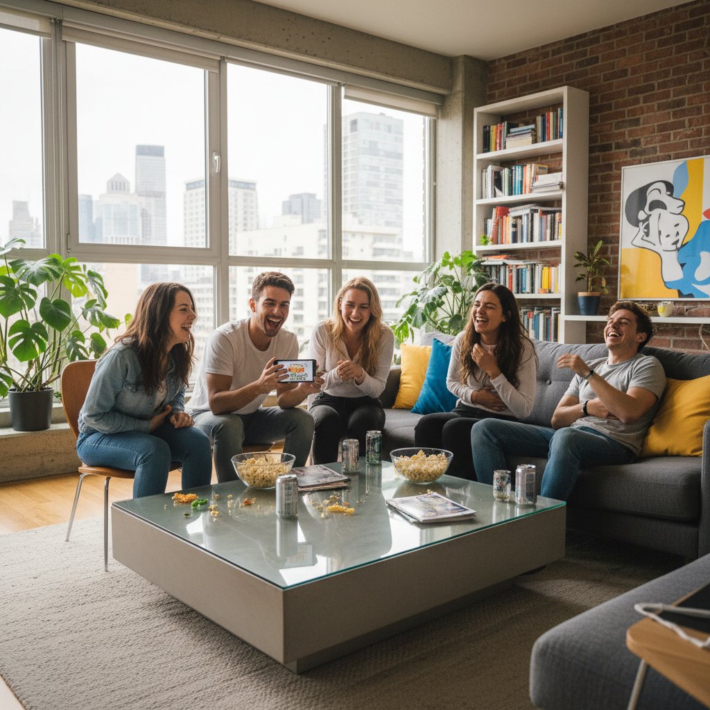 Dwójka młodych ludzi śmieje się z memów podczas rozmowy online, nowoczesne mieszkanie