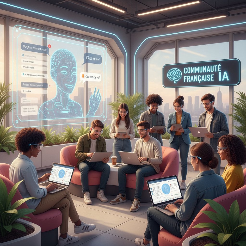 Grupa młodych osób uczy się francuskiego online w domowym zaciszu – społeczność, AI, nowoczesność