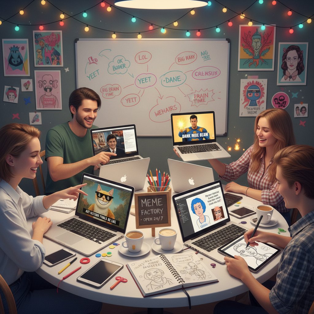 Grupa młodych osób tworzących memy na laptopach, śmiech, kreatywność, popkultura