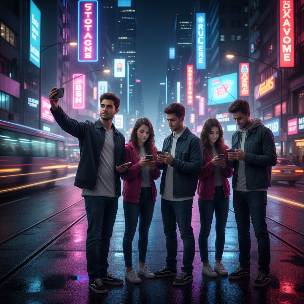 Młodzi na urządzeniach mobilnych, noc w mieście, neonowe światło – symbol nowych platform społecznościowych