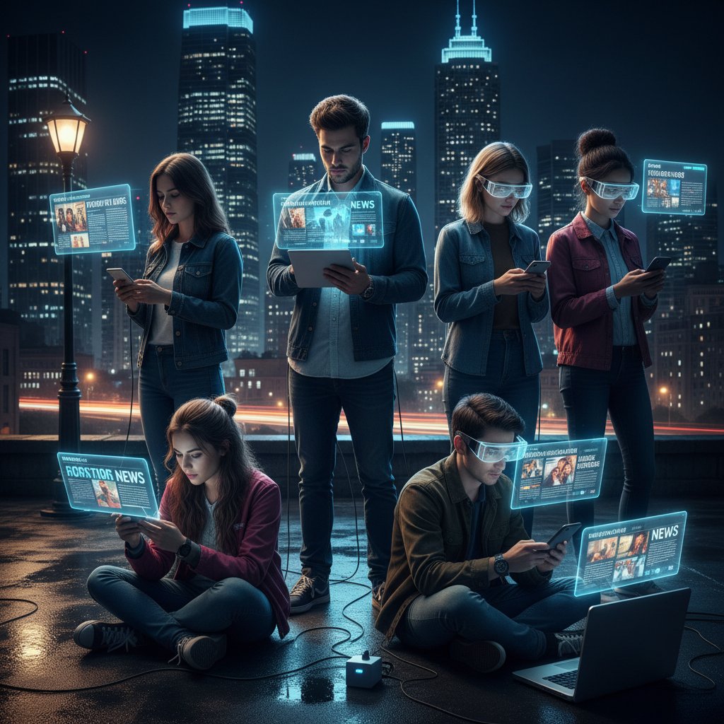 Young audience checking fresh news updates on multiple devices, urban setting, digital screens glowing