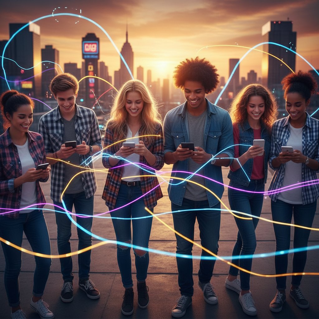 Wykres popularności frazy lit, młodzi ludzie z telefonami, energia trendu