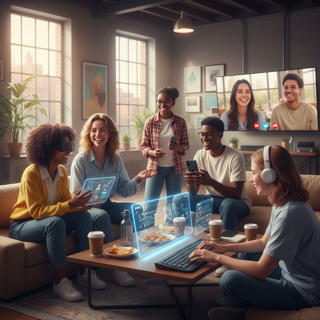 Grupa młodych ludzi korzystająca z nowoczesnych urządzeń – symbol wpływu technologii na relacje społeczne