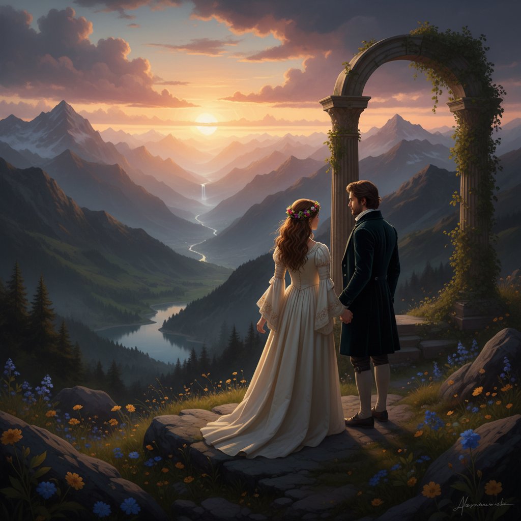 Grupa młodych ludzi na tle gór, nastrojowa scena romantyczna – epoki literackie online