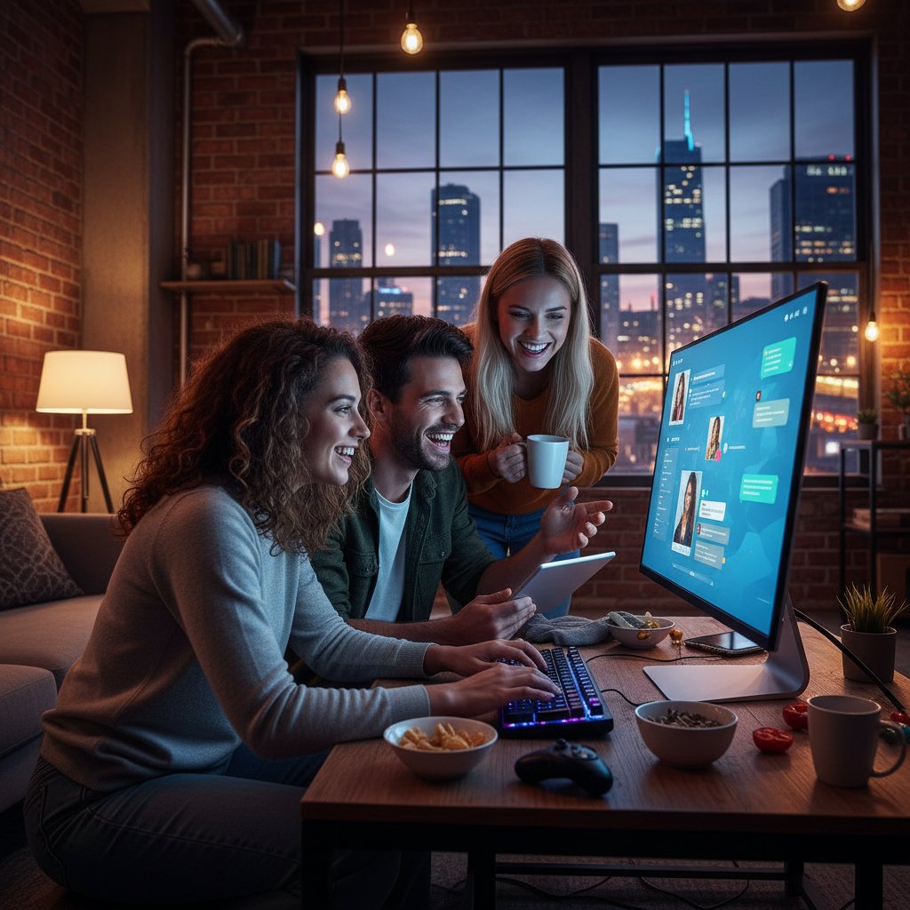 Młodzi ludzie rozmawiający z nieznajomymi przez komputer w miejskim mieszkaniu