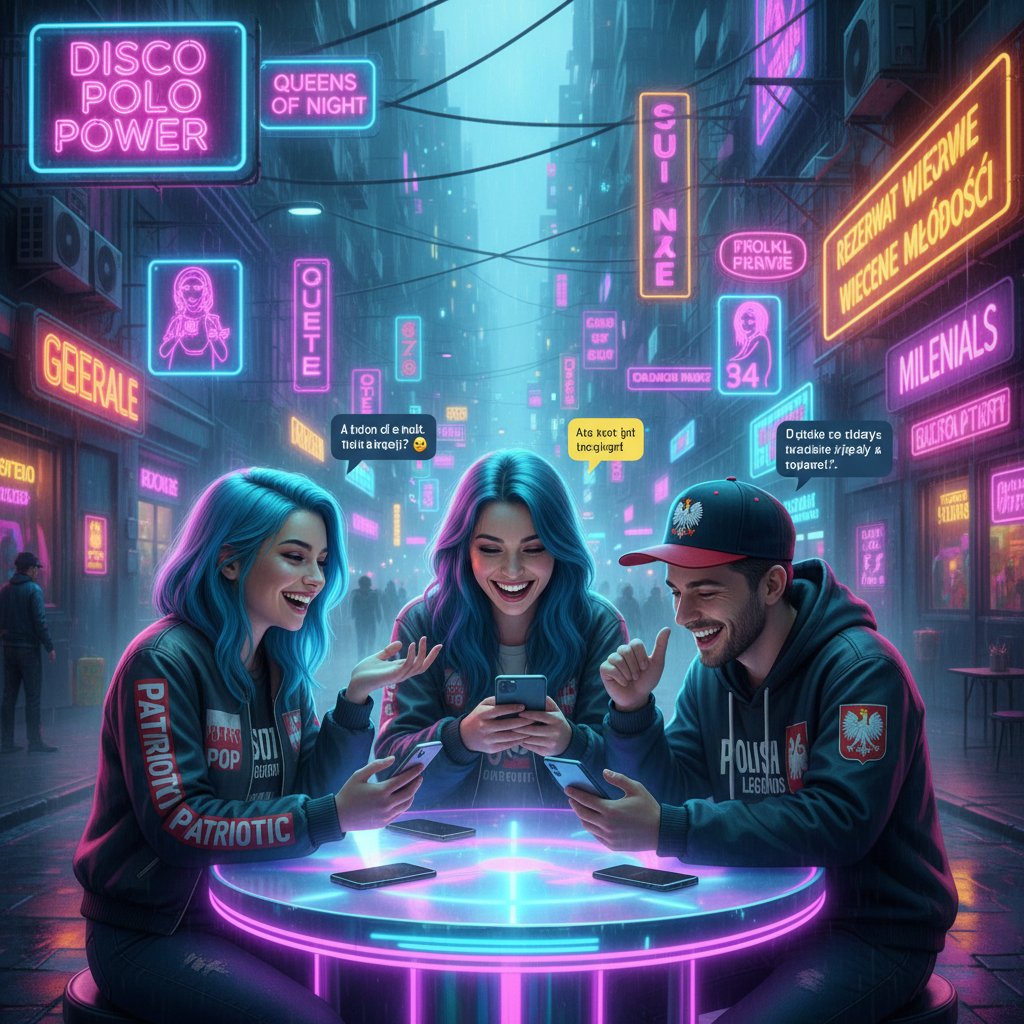 Grupa młodych ludzi prowadzi rozmowę online, wyraziste twarze, polska popkultura w tle, słowa kluczowe: jak prowadzić ciekawe pogawędki online