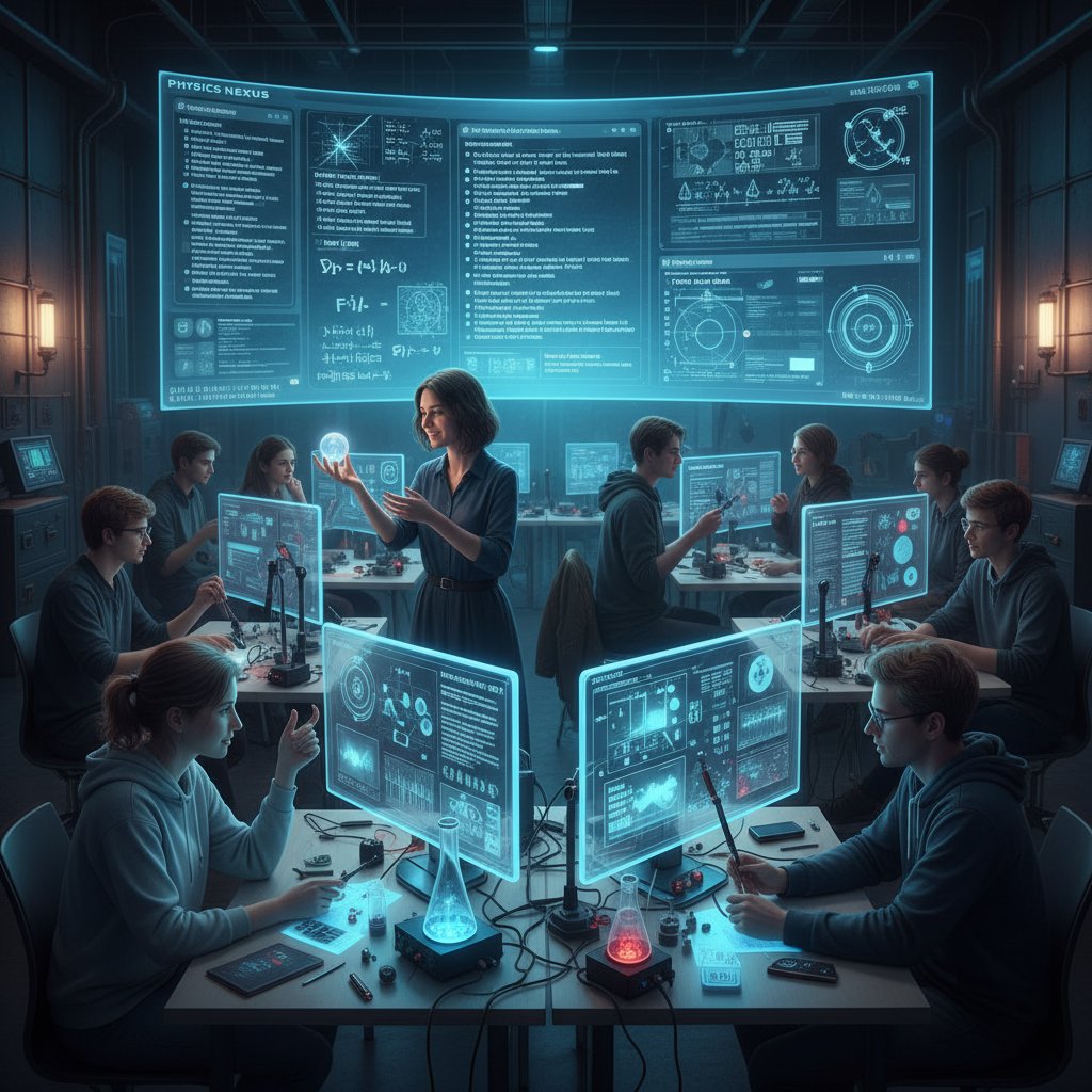 Grupa młodych ludzi rozmawiająca na forum online o eksperymentach fizycznych