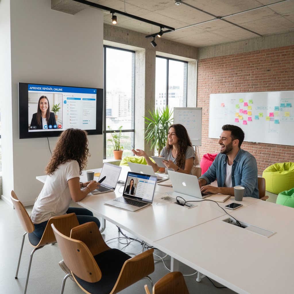 Grupa młodych ludzi korzystających z nowoczesnych narzędzi online do nauki hiszpańskiego, nowoczesne biuro, współpraca