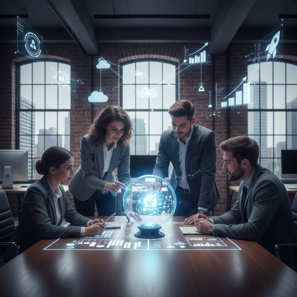 Junge Menschen in Großraumbüro mit digitalen Symbolen und Kristallkugel, diskutieren Zukunft und Beruf