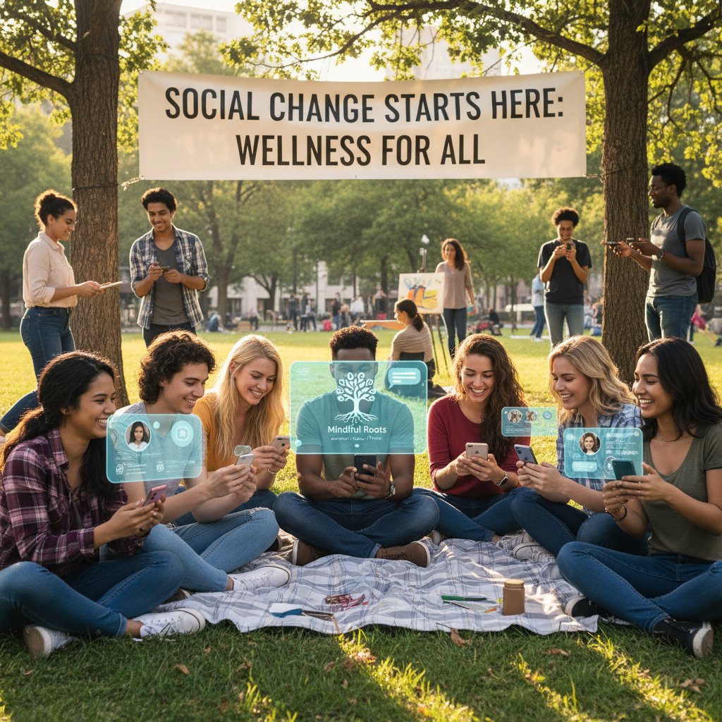 Grupa młodych ludzi w miejskim plenerze, trzymających telefony z aplikacjami wsparcia, uśmiechnięte twarze, zmiana społeczna