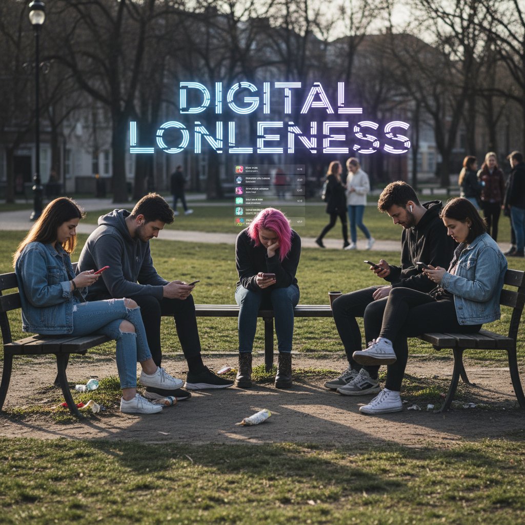 Grupa młodych ludzi korzystających z telefonów w parku, każdy zatopiony w swoim ekranie