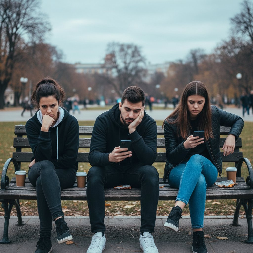 Grupa młodych ludzi na ławce w parku, każdy zamyślony, telefon w ręku, stres widoczny na twarzach