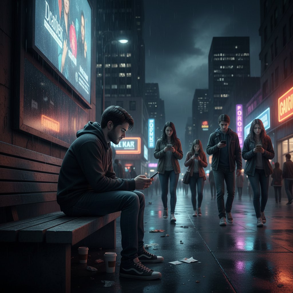 Grupa młodych ludzi patrzy w telefony, stojąc razem i milcząc