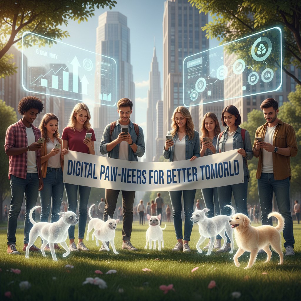 Grupa młodych ludzi z telefonami, każdy z aplikacją wirtualnego psa, zmiana relacji społecznych