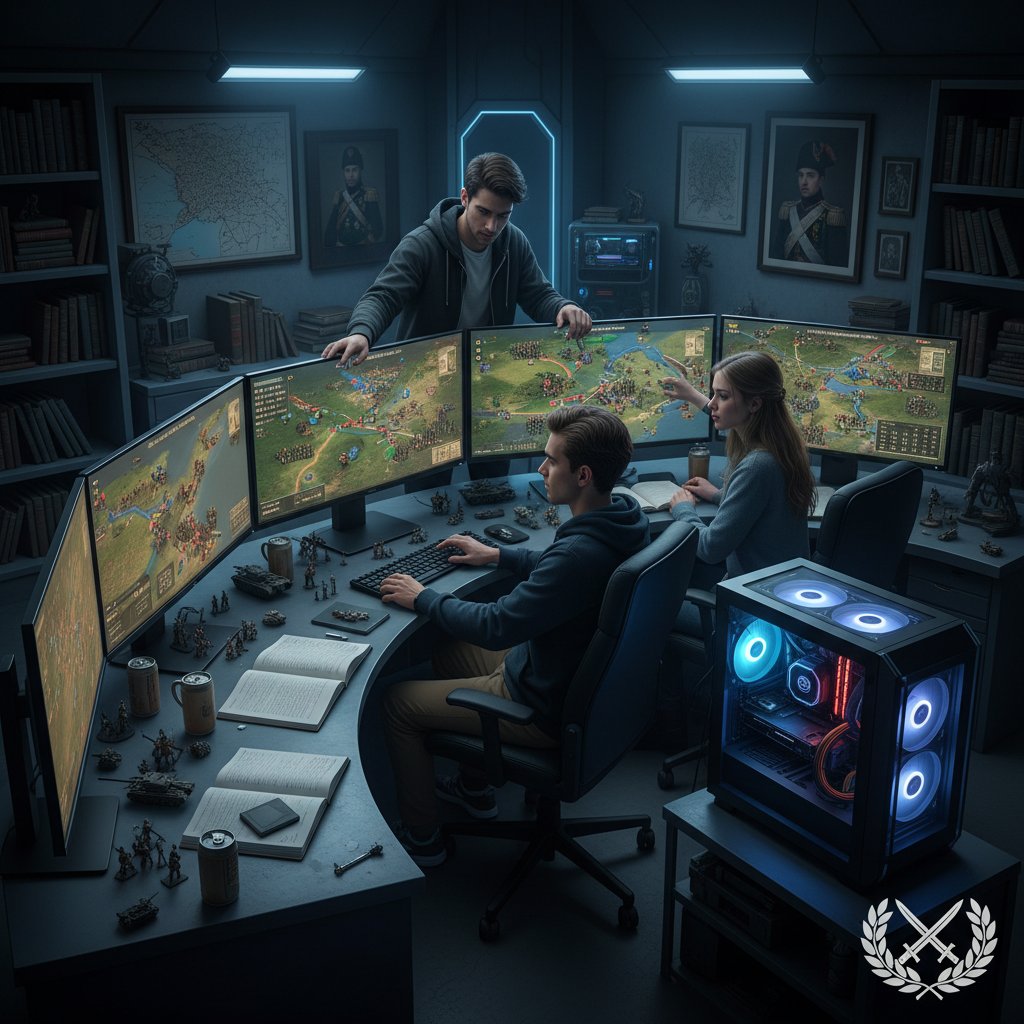 Grupa młodych osób gra w komputerową grę strategiczną opartą na historii wojskowości, skupienie na twarzach