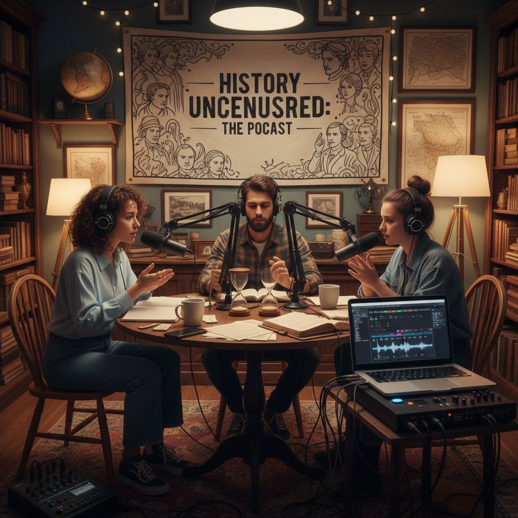 Kreatywna młodzież nagrywająca podcast historyczny w domowym studiu, alternatywne źródła wiedzy