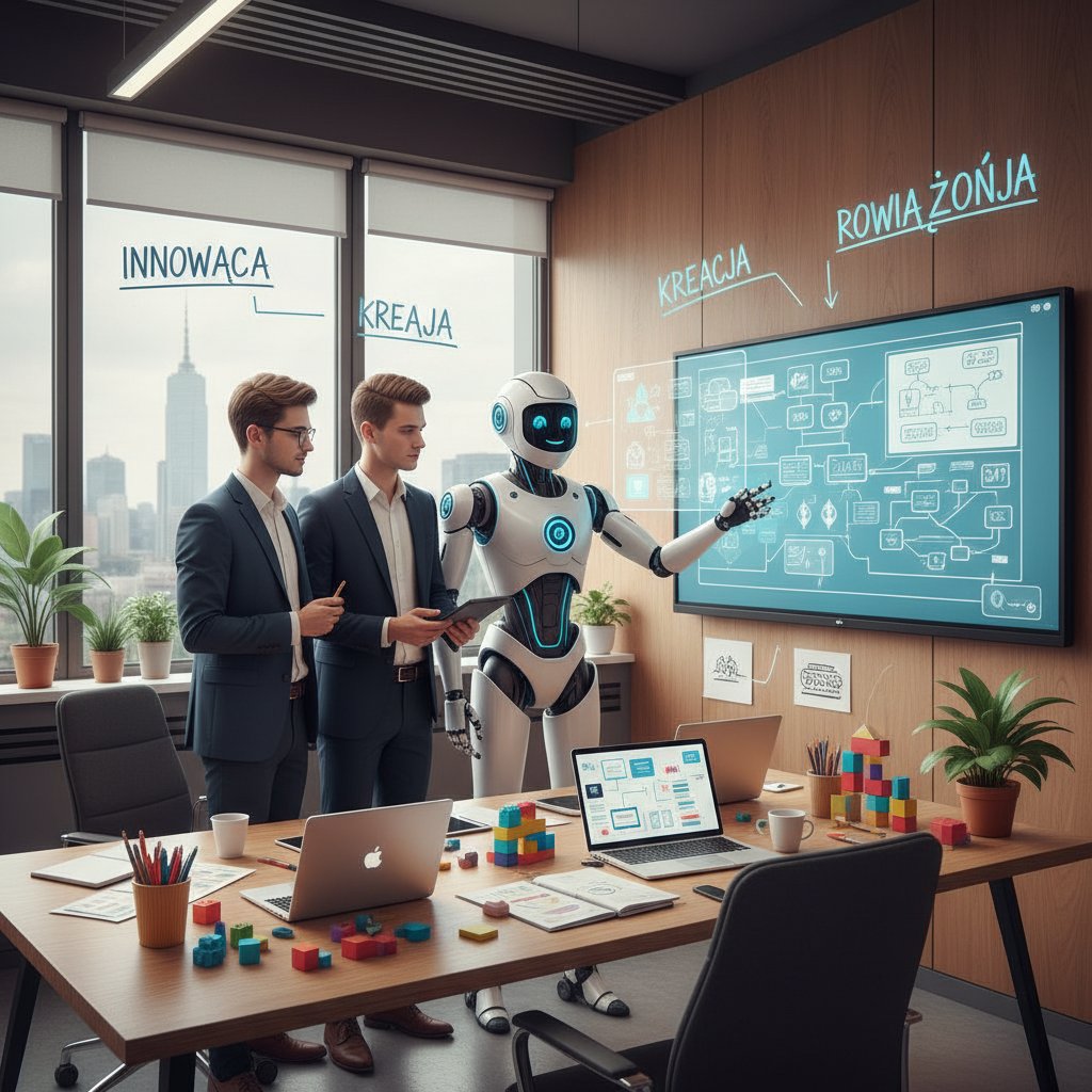 Młodzi ludzie w polskim biurze pracujący z robotem wspierającym kreatywność