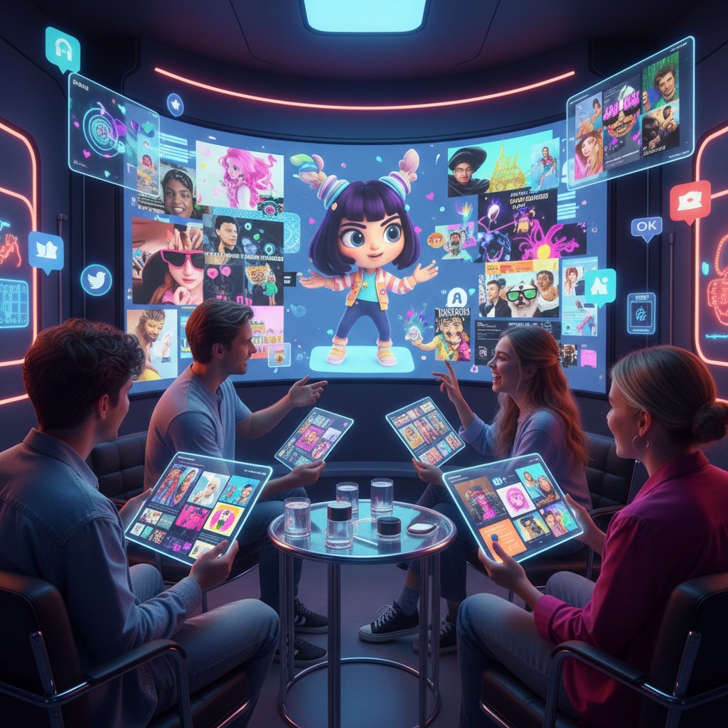 Grupa młodych ludzi otoczonych ekranami, AI, memy, wirtualni influencerzy