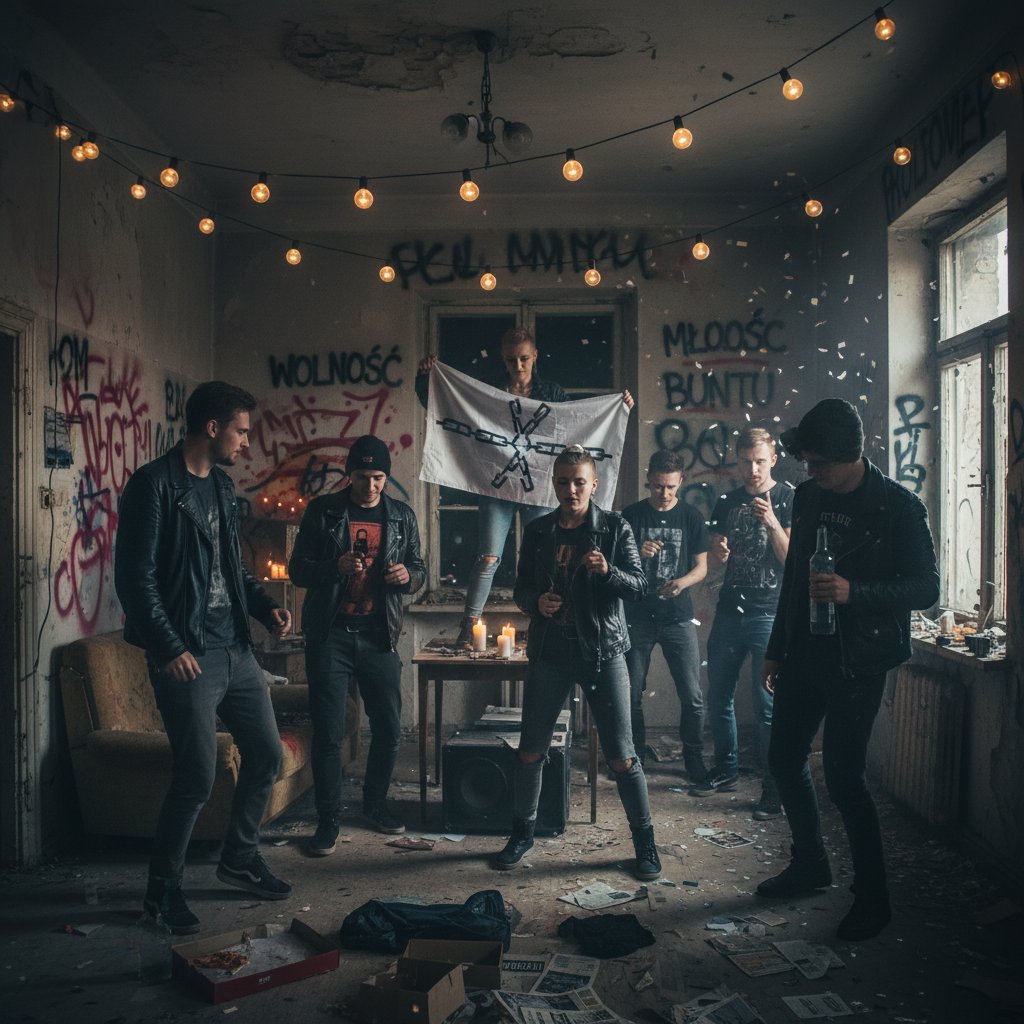 Młodzi ludzie na nielegalnej imprezie domowej podczas lockdownu, zdjęcie oddające atmosferę buntu i sprzeciwu społecznego