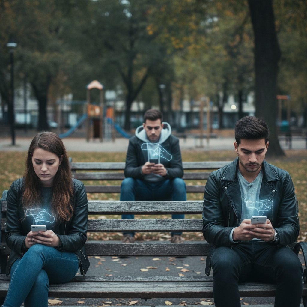 Zwei junge Menschen sitzen getrennt voneinander mit Smartphones, beide wirken nachdenklich – Thema Tabu und digitale Begleitung