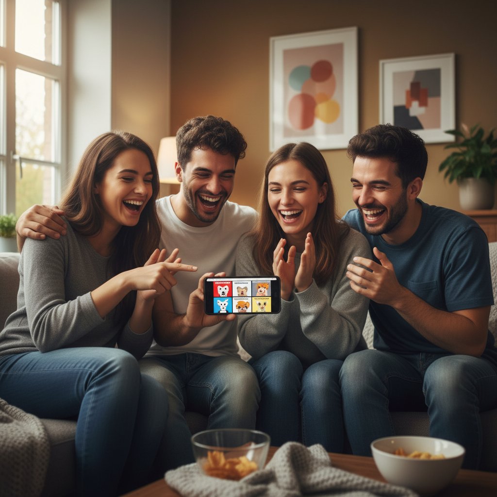 Zdjęcie młodych osób dzielących się memami na telefonach, atmosfera wsparcia i rozluźnienia