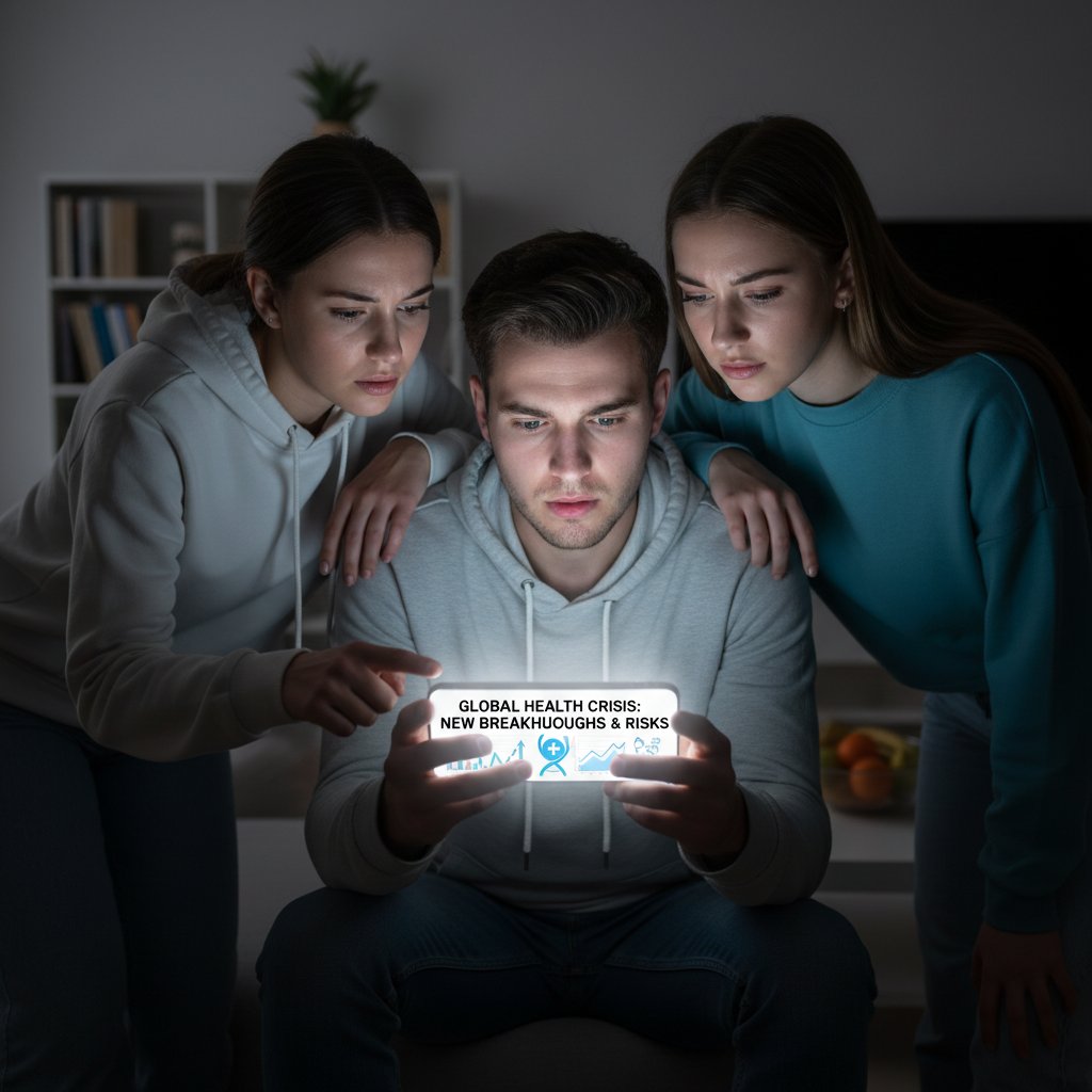 Młodzi ludzie przekazujący sobie telefon, na którym wyświetlają się wiadomości o zdrowiu, w intensywnym świetle