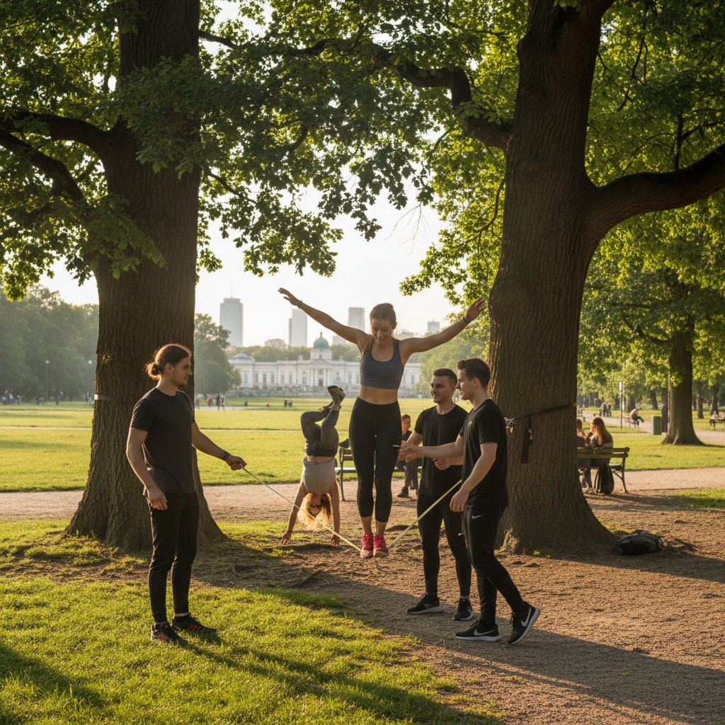 Grupa młodych ludzi trenuje slackline w miejskim parku w Warszawie, sportowe hotspoty