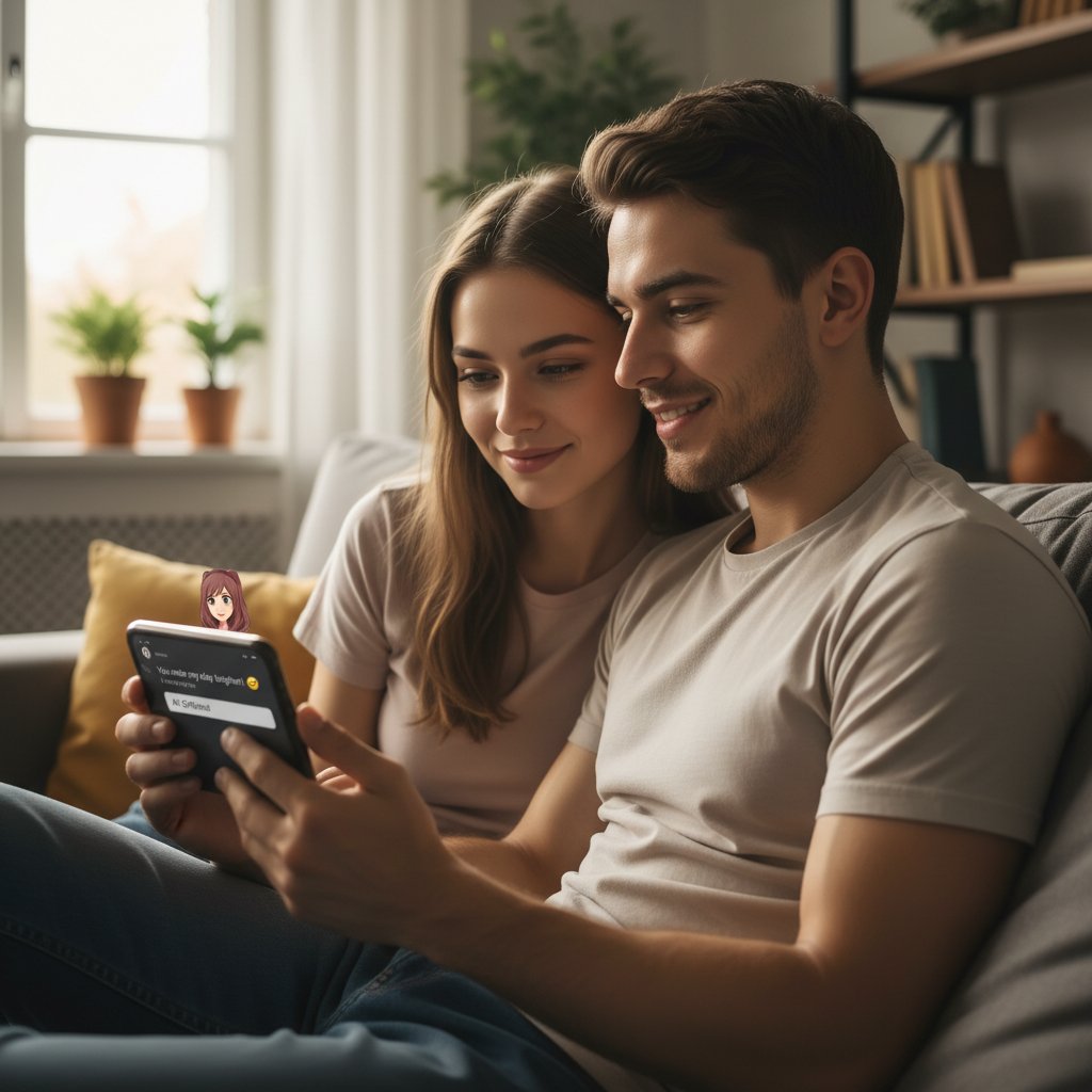 Junge Menschen mit Smartphone, Chatfenster einer KI-Freundin, emotionale Bindung im digitalen Zeitalter