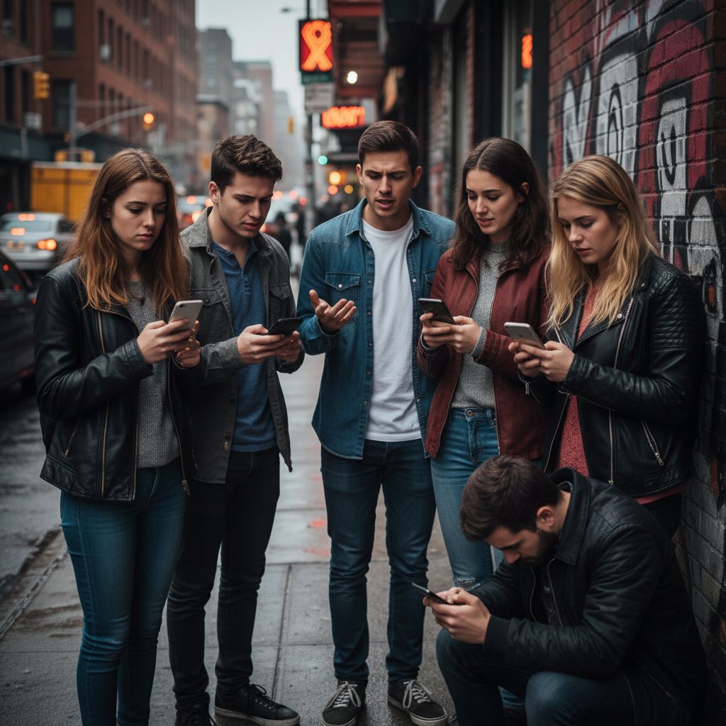 Vier verschiedene Menschen mit Smartphone, ausdrucksstarke Gesichter – Erfahrungsberichte digitale Wahrsage-Apps