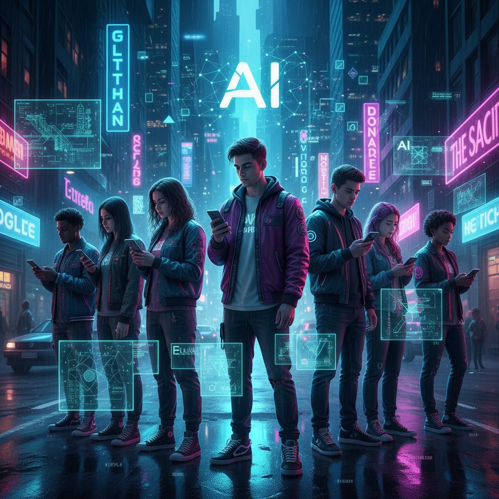 Grupa młodych ludzi korzystających z AI na smartfonach, otoczonych neonami i sloganami slangu