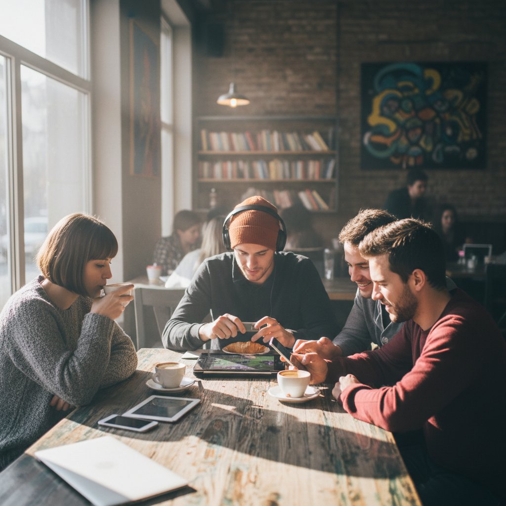 Młodzi ludzie z telefonami w kawiarni – kultura cyfrowa i filozoficzne refleksje