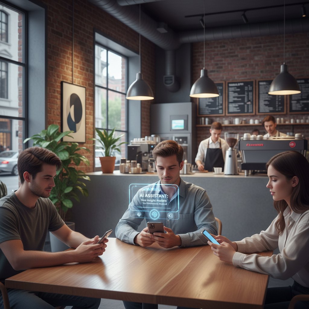 Młodzi ludzie używają smartfonów w kawiarni, AI wyświetlone jako powiadomienie, klimat nowoczesny