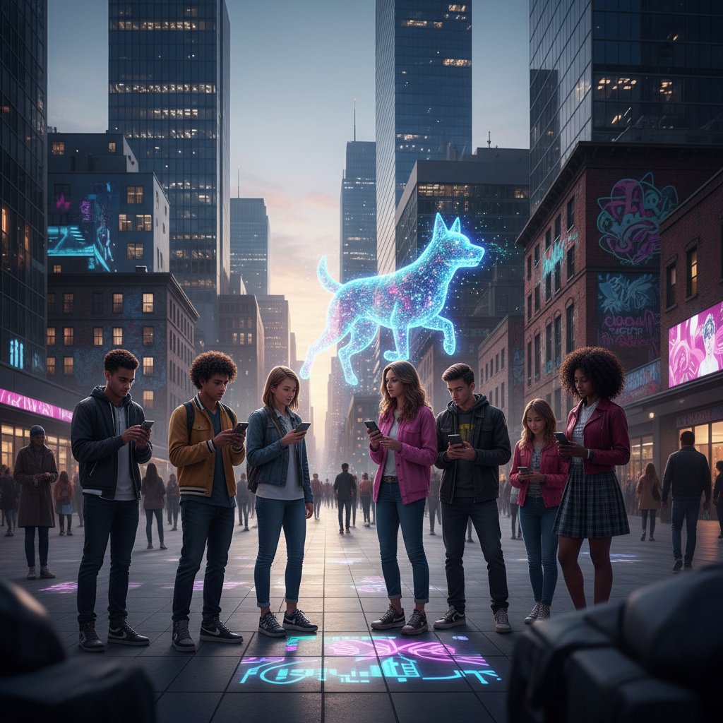 Grupa młodych ludzi używających smartfonów z uśmiechami, na ekranach psy AI