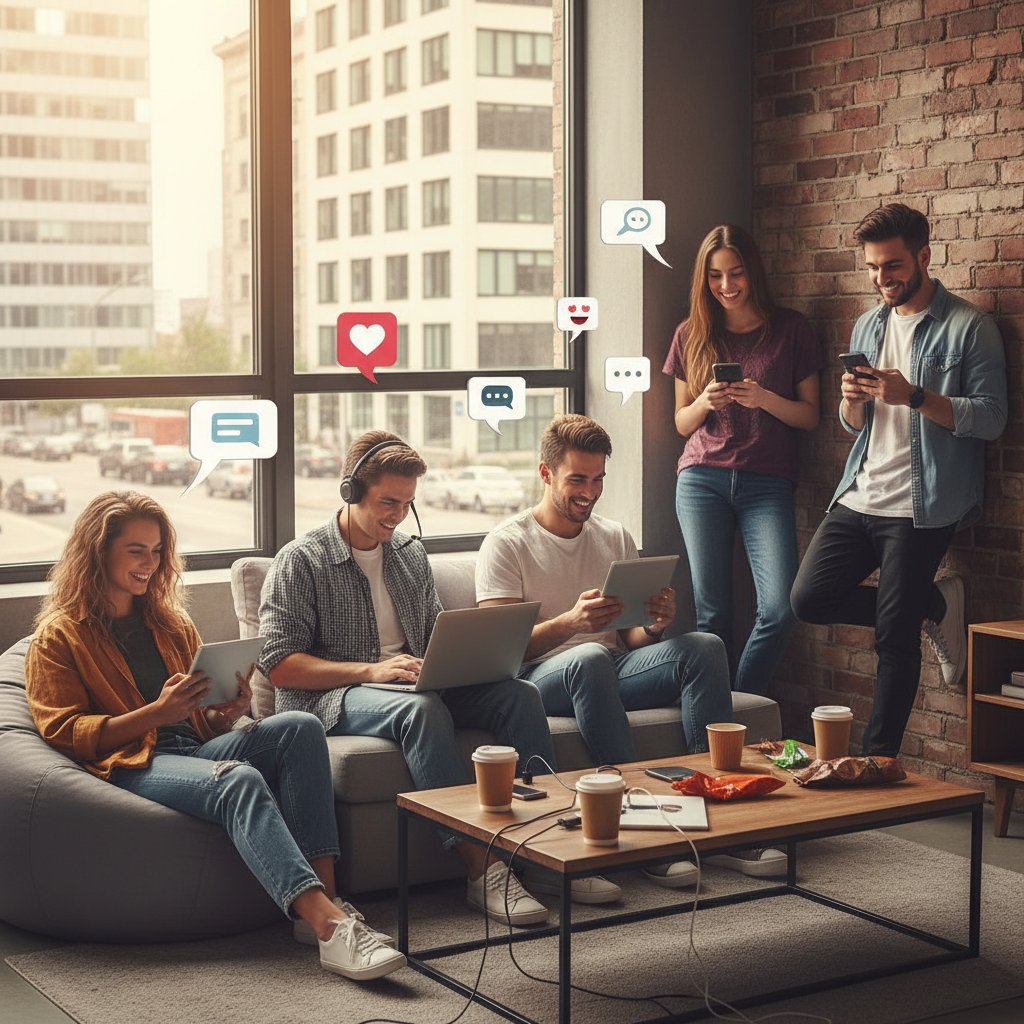 Grupa młodych ludzi rozmawiających przez smartfony i laptopy w miejskim mieszkaniu; rozmowa online