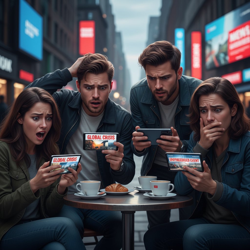 Grupa młodych ludzi oglądających szokujące wiadomości na smartfonach, napięcie i niepokój widoczne na twarzach