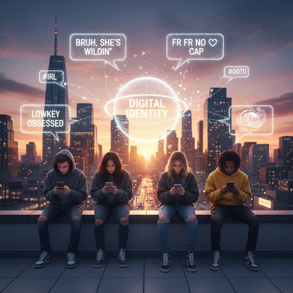 Grupa młodych ludzi rozmawiających przez smartfony, otoczona kolorowymi dymkami ze slangowymi zwrotami