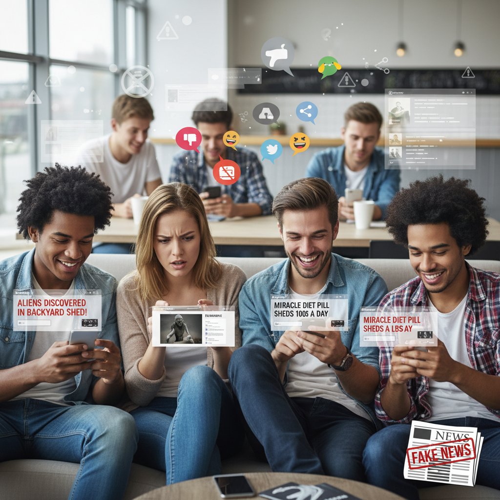 Grupa młodych ludzi przeglądających smartfony, w tle ekrany z ikonami social media i fake news