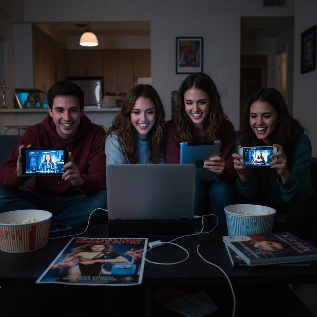 Young people streaming classic Jessica Alba movies on multiple devices