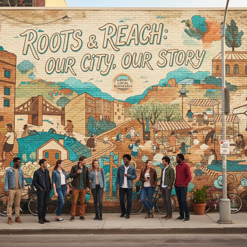 Młodzi ludzie na muralu promującym lokalny region, autentyczność i nowoczesny design
