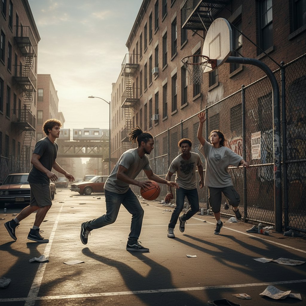 Młodzież grająca w streetball w miejskim otoczeniu, przemiany sportów miejskich