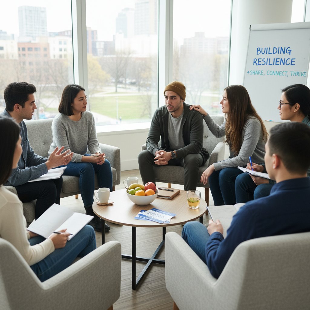 Młodzi ludzie siedzący w kręgu, rozmawiający otwarcie o problemach, symbolizujący wsparcie i otwartość w walce z uzależnieniami
