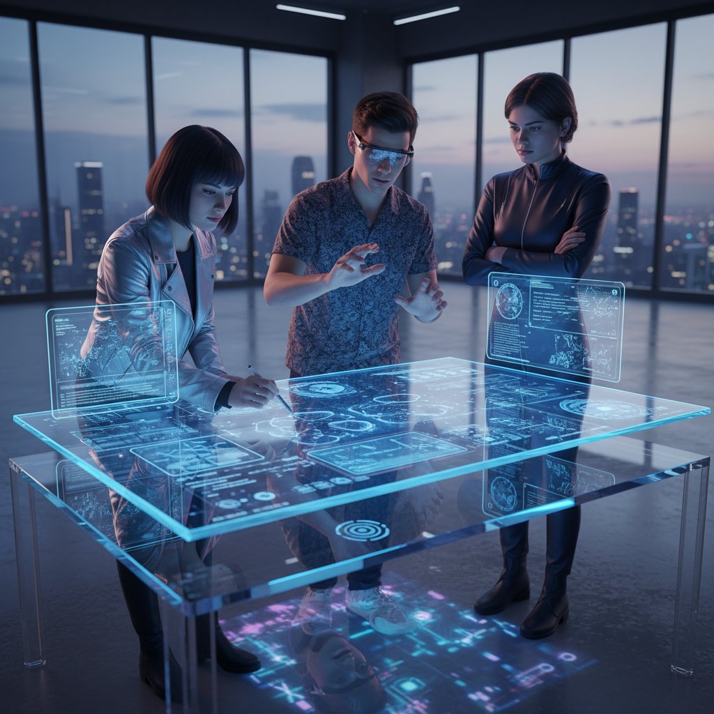 Grupa młodych ludzi rozmawia przy stole, na środku tablet z włączonym AI, atmosfera współpracy i refleksji nad przyszłością