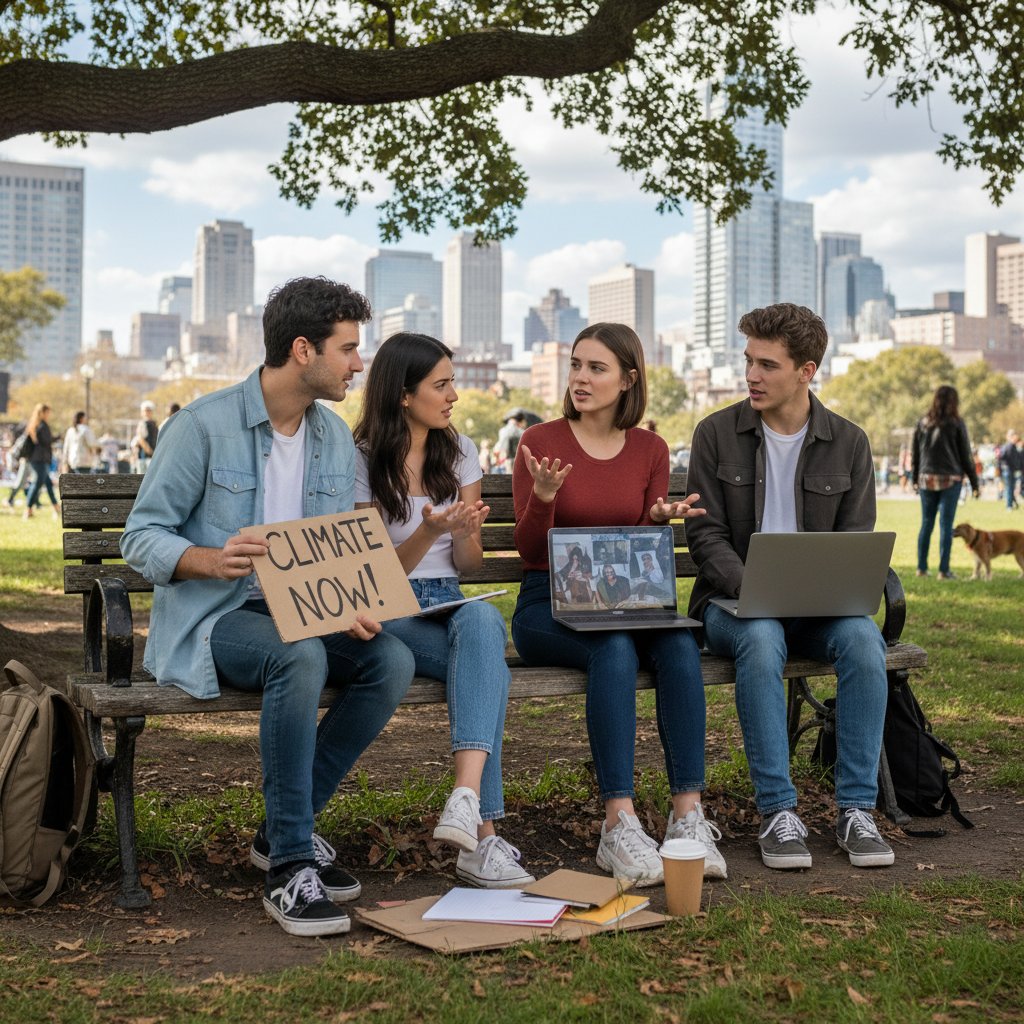 Zdjęcie młodych ludzi rozmawiających swobodnie na ławce w parku